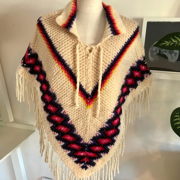 Vintage 1960s Mexican Fringed Wool Poncho, Cream, Multi-coloured - Picture 2 of 9